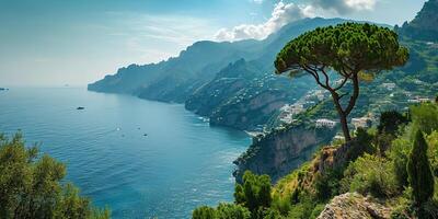 ai genererad amalfi kust kustlinje i sorrentin halvö, campania område, Italien. Semester destination strandlinje med kullar, stränder, och klippor, hav se, blå himmel dag tapet bakgrund foto