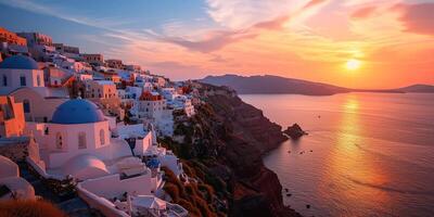 ai genererad santorini thira ö i sydlig aegean hav, grekland solnedgång. fira och oia stad med vit hus utsikt klippor, stränder, och små öar panorama bakgrund tapet foto