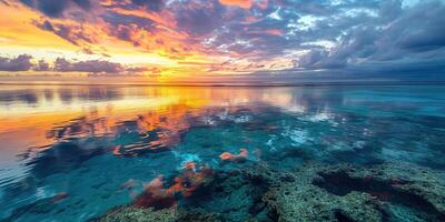 ai genererad bra barriär rev på de kust av queensland, Australien havsbild. korall hav marin ekosystem tapet bakgrund på solnedgång, med ett orange lila himmel i de kväll gyllene timme foto