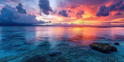 ai genererad bra barriär rev på de kust av queensland, Australien havsbild. korall hav marin ekosystem tapet bakgrund på solnedgång, med ett orange lila himmel i de kväll gyllene timme foto