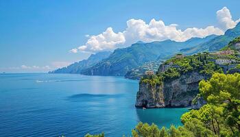 ai genererad amalfi kust kustlinje i sorrentin halvö, campania område, Italien. Semester destination strandlinje med kullar, stränder, och klippor, hav se, blå himmel dag tapet bakgrund foto