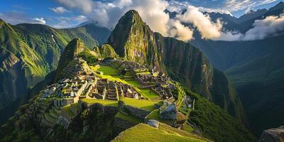 ai genererad historisk fristad av machu picchu på en berg bergsrygg, östra cordillera av sydlig peru. inkan citadell i de andes berg, gammal civilisation, solnedgång panorama landskap foto