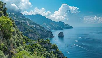 ai genererad amalfi kust kustlinje i sorrentin halvö, campania område, Italien. Semester destination strandlinje med kullar, stränder, och klippor, hav se, blå himmel dag tapet bakgrund foto