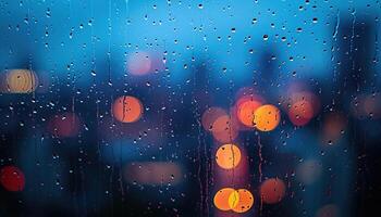 ai genererad regnig fönster med suddigt stad lampor i de bakgrund. bokeh ut av fokus fläck, dyster väder, melankolisk humör, sorg, längtar, depression begrepp bakgrund foto