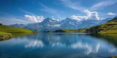 ai genererad swiss alps berg räckvidd med frodig skog dalar och ängar, landsbygden i schweiz landskap. lugn idyllisk panorama, majestätisk natur, avslappning, stillhet begrepp foto