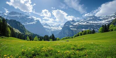 ai genererad swiss alps berg räckvidd med frodig skog dalar och ängar, landsbygden i schweiz landskap. lugn idyllisk panorama, majestätisk natur, avslappning, stillhet begrepp foto