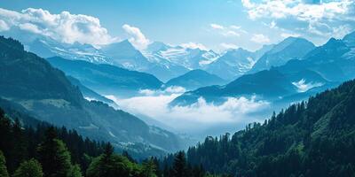 ai genererad swiss alps berg räckvidd med frodig skog dalar och ängar, landsbygden i schweiz landskap. snöig berg blast i de horisont, resa destination tapet bakgrund foto