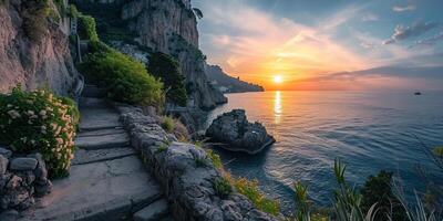 ai genererad amalfi kust kustlinje i sorrentin halvö, campania område, Italien. Semester destination strandlinje med kullar, stränder, och klippor, hav se, solnedgång gyllene timme tapet foto