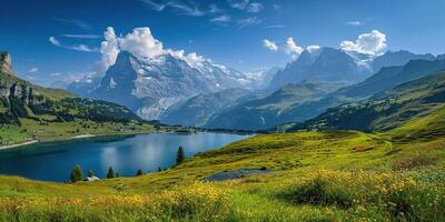 ai genererad swiss alps berg räckvidd med frodig skog dalar och ängar, landsbygden i schweiz landskap. lugn idyllisk panorama, majestätisk natur, avslappning, stillhet begrepp foto