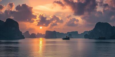 ai genererad ha lång bukt, halong bukt värld arv webbplats, kalksten öar, smaragd- vattnen med båtar i provins, vietnam. solnedgång, resa destination, naturlig undra landskap bakgrund tapet foto