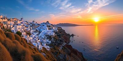 ai genererad santorini thira ö i sydlig aegean hav, grekland solnedgång. fira och oia stad med vit hus utsikt klippor, stränder, och små öar panorama bakgrund tapet foto