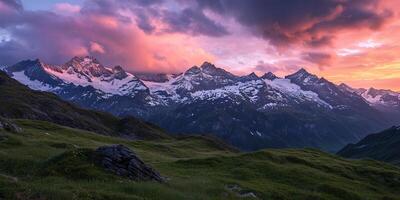 ai genererad swiss alps snöig berg räckvidd med dalar och ängar, schweiz landskap. gyllene timme solnedgång, lugn idyllisk panorama, majestätisk natur, avslappning, stillhet begrepp foto