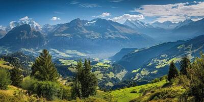 ai genererad swiss alps berg räckvidd med frodig skog dalar och ängar, landsbygden i schweiz landskap. snöig berg blast i de horisont, resa destination tapet bakgrund foto