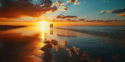 ai genererad en silhuett av en par på en strand solnedgång landskap. lila, rosa, och orange eldig gyllene timme kväll himmel i de horisont. kärlek, sommar, kvalitet tid begrepp tapet bakgrund foto