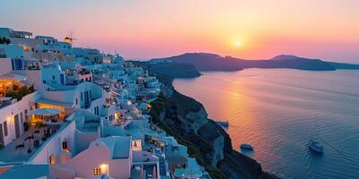 ai genererad santorini thira ö i sydlig aegean hav, grekland solnedgång. fira och oia stad med vit hus utsikt klippor, stränder, och små öar panorama bakgrund tapet foto