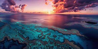 ai genererad bra barriär rev på de kust av queensland, Australien havsbild. korall hav marin ekosystem tapet bakgrund på solnedgång, med ett orange lila himmel i de kväll gyllene timme foto