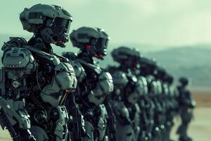 ai genererad en robot soldat i Avancerad bekämpa klädsel med elegant rustning integrerad teknologi foto