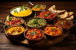 ai genererad traditionell indisk maträtter på de trä- tabell, urval av blandad kryddad mat foto