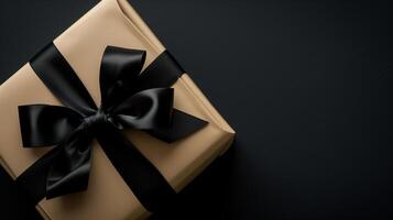 ai genererad lyx gåva låda med svart rosett på svart bakgrund foto