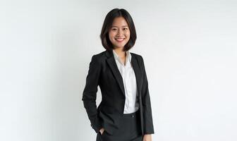 ai genererad asiatisk företag kvinna bär svart blazer och vit skjorta foto