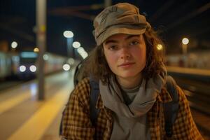 ai genererad en ung kvinna i en tåg station bär brun rutig skjorta och ryggsäck foto