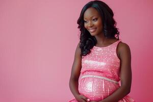 ai genererad studio Foto porträtt av skön mörk hud afrikansk amerikan gravid kvinna på Färg bakgrund