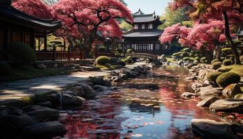 ai genererad lugn scen av en känd japansk formell trädgård genererad förbi ai foto