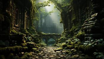 ai genererad mystisk gammal ruin i mörk skog landskap genererad förbi ai foto