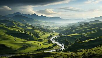 ai genererad berg landskap med grön ängar och ris paddies genererad förbi ai foto