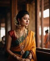 ai genererad ett indisk kvinna i vibrerande traditionell klädsel och invecklad guld Smycken i en väl upplyst, inomhus- miljö foto