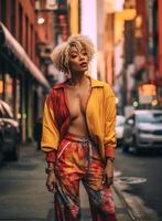 ai genererad en kvinna stående på en gata, urban mode och personlig stil med en gatustil porträtt, unik mode val foto