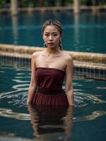 ai genererad en skön asiatisk flicka i en rödbrun klänning stående midjedjup i en klar, lugna simning slå samman foto