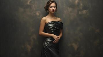 ai genererad skönhet kvinna i en glansig, svart, off-shoulder klänning stående mot en texturerad mörk bakgrund foto