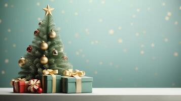 ai genererad festlig jul träd och färgrik gåvor på grön bakgrund foto