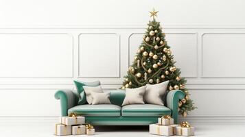 ai genererad festlig jul träd med grön soffa och gåvor i en mysigt levande rum interiör med vit vägg foto