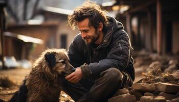 ai genererad en man och hans hund njut av de utomhus, leende tillsammans genererad förbi ai foto