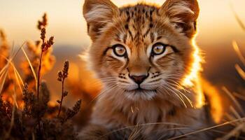 ai genererad majestätisk gepard stirrande, päls lysande i solljus, vildmark lugn genererad förbi ai foto