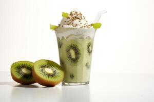 ai genererad kiwi milkshake isolerat på vit bakgrund foto