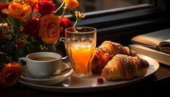 ai genererad färsk croissant och varm kaffe på trä- tabell genererad förbi ai foto