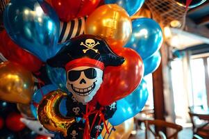 ai genererad ohoj kamratlig med pirat-tema äventyr för en Pojkar födelsedag fest foto