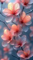 ai genererad delikat rosa blommar med blå löv i våren. bakgrund för Instagram berättelse, baner foto