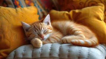 ai genererad inhemsk tabby katt tupplur lugnt på en kudde. foto