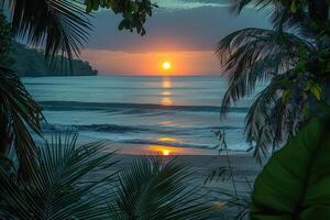ai genererad skön tropisk solnedgång på hav strand professionell fotografi foto