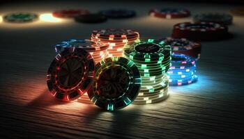 ai genererad poker chips.web baner för spel design, flygblad, affisch, baner, uppkopplad kasino reklam. ai foto