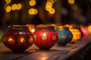 ai genererad en grupp av dekorativ indisk diwali lampor foto
