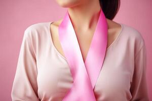 ai genererad en närbild av en rosa och beige band på en kvinnas bröst i Stöd av de orsaker av bröst cancer. foto