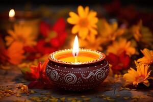 ai genererad olja lampor belyst på färgrik rangoli under diwali firande foto