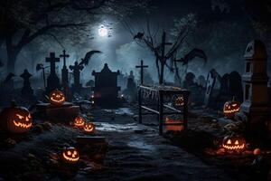 ai genererad halloween begrepp, dyster skog och kyrkogård foto