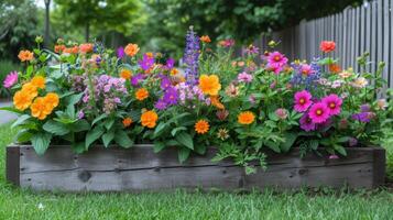 ai genererad fantastisk Flerfärgad blomma säng i de parkera. de trädgård är frodig och ljus med ljus blommar. de främre trädgård är blomning i många färger. de trädgård är fylld med blommor under de foto