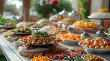 ai genererad iftar tabell för ramadan kareem med traditionell arab maträtter foto